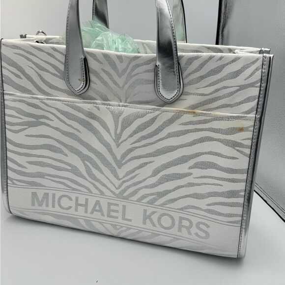 Michael Kors Silver Metallic Gigi Zebra Print Large Grab Tote Bag purse NWT - Picture 8 of 16
